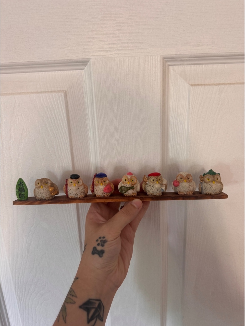 Japanese Seven Lucky Owls Figurine Set 7 Fukuro Good Luck Gods Wood Display